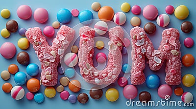 An artistic arrangement forming the word Yum using a mix of candies, expressing the sheer deliciou Stock Photo