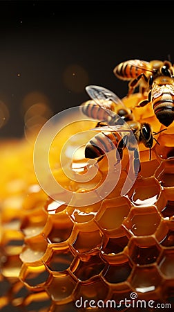 Artistic arrangement honeycomb, dippers, and drops amid space themed text on golden backdrop Stock Photo