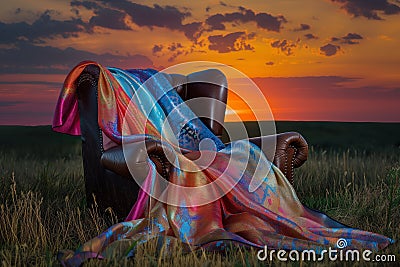 artistic arrangement of a multicolored silk scarf over a leather chair at sunset Stock Photo