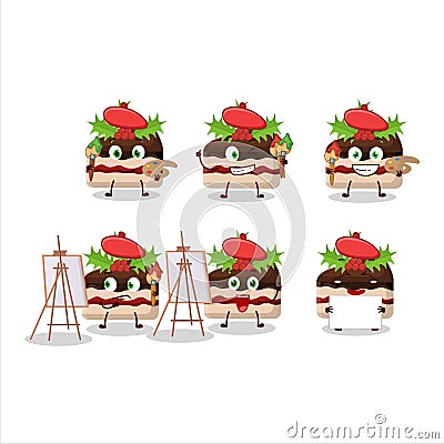 Artistic Artist of slice of pudding cake christmas cartoon character painting with a brush Vector Illustration