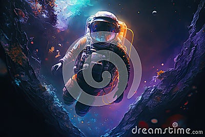 artistic astronaut, floating through the dark and mysterious depths of outer space Stock Photo