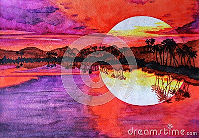 Beautiful watercolor sea landscape. Charming sunset. Resort view. Exotic paradise. Hand drawn. Artistic big print. Stock Photo