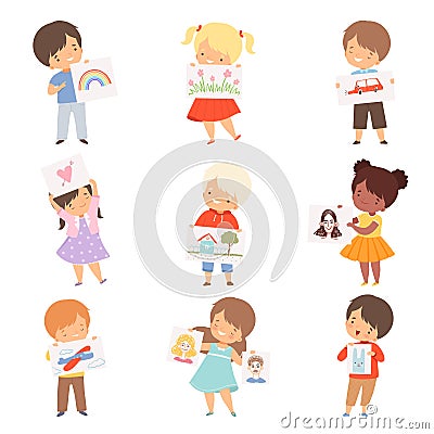 Artistic Children Showing Paper with Different Pictures Vector Set Vector Illustration