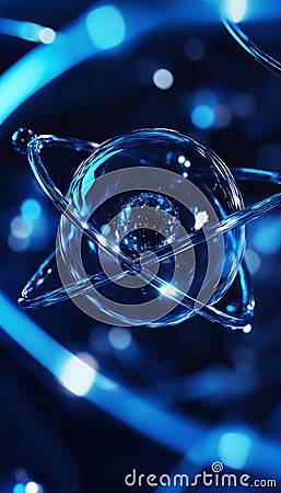 Artistic close up of an atom visualizing nucleus and rotating electrons in dynamic interaction Stock Photo