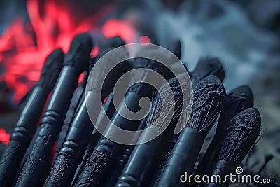 Artistic Close Up of Charcoal Drawing Pencils on a Textured Background with Red and Blue Tones Stock Photo