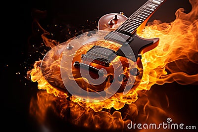 Artistic collage electric guitar and musical notes in fine art poster style composition Stock Photo