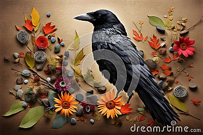 artistic collage style portrait of a raven made from stones, leaves, moss, flowers and twigs Stock Photo