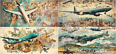 Artistic collage of world travel by plane Beautiful illustrations depicting different destinations A unique and creative way to Cartoon Illustration