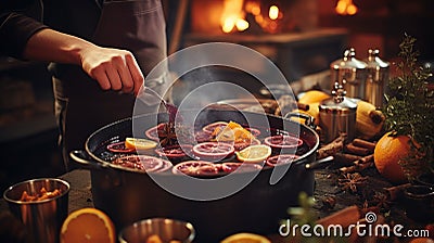 Artistic composition mulled wine pot simmering stove, side view, spices swirling hot liquid, ethereal steam rising, dark kitchen Stock Photo