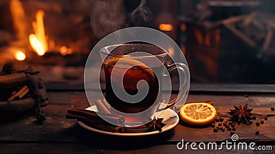 Artistic composition mulled wine pot simmering stove, side view, spices swirling hot liquid, ethereal steam rising, dark kitchen Stock Photo