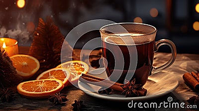 Artistic composition mulled wine pot simmering stove, side view, spices swirling hot liquid, ethereal steam rising, dark kitchen Stock Photo