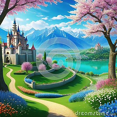 Artistic concept a tales village with small Cartoon Illustration