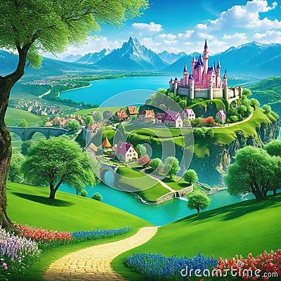 Artistic concept a tales village with small Cartoon Illustration