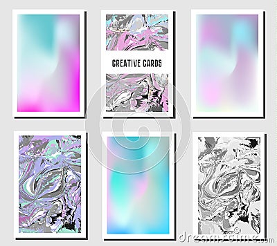 Artistic creative cards. Modern marbling and holographic trendy banners, backgrounds. Cards design templates Vector Illustration