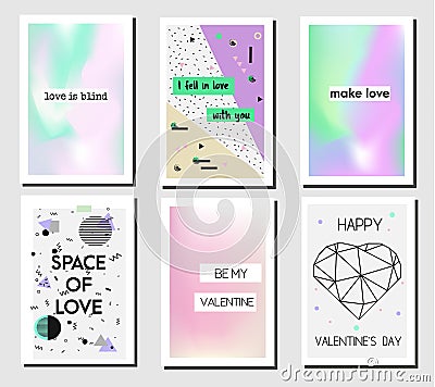 Artistic creative St Valentines day cards. Romantic modern geometric and holographic trendy banners with love messages Vector Illustration