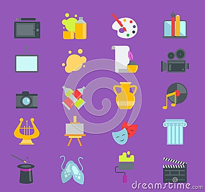 Artistic creator graphic designer icons set flat design illustration. Camera, picture, brush palette entertainment Cartoon Illustration