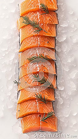 Artistic culinary concept Portioned salmon fillets showcased on ice Stock Photo