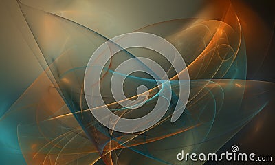 Artistic 3d render of orange turquoise and blue glowing silky waves and curves in dark space. Stock Photo