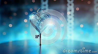 An artistic 3D rendering of a transparent heart with intricate details and a key,. Stock Photo