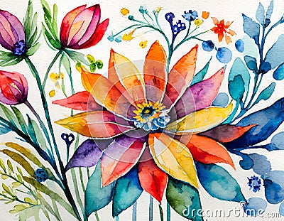 Artistic depictions of flowers in a variety of colors, painted in watercolor Stock Photo