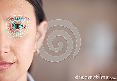 Artistic design of a retina scan with cgi, visual and special effects on hispanic woman for security. Closeup portrait Stock Photo