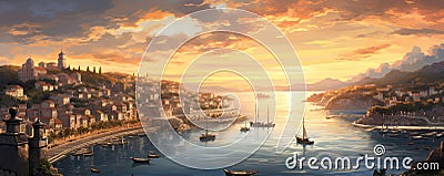 Artistic digital painting of a coastal city with boats and a port at sunset Stock Photo