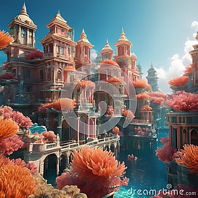 an artistic digital painting depicting pink and orange bushes and houses Cartoon Illustration