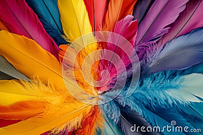 An artistic display features an array of colorful feathers radiating outward in a striking pattern. The vibrant hues Stock Photo