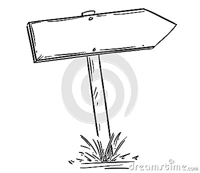 Drawing of Empty Old Wooden Road Arrow Sign Vector Illustration