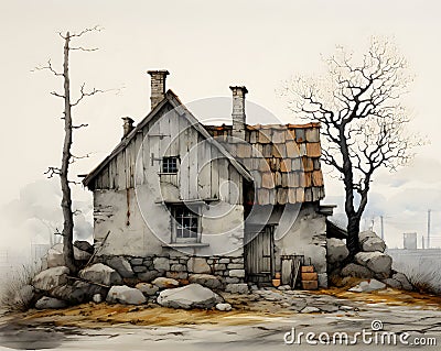 Artistic drawing of an old medieval house with its weathered stone walls. Generative AI. Stock Photo