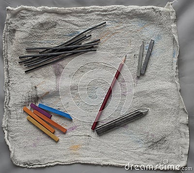 Artistic drawing and sketching tools on canvas Stock Photo