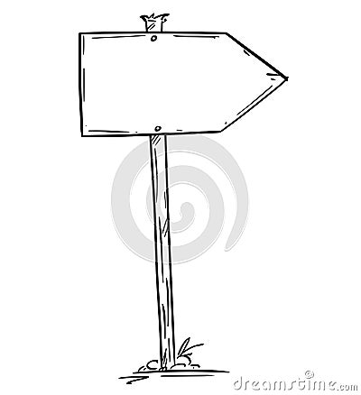 Drawing of Small Empty Old Wooden Road Arrow Sign Vector Illustration