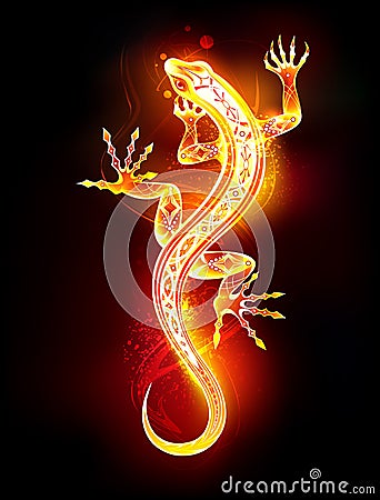 Salamander on black background. Fire lizard. Vector Illustration