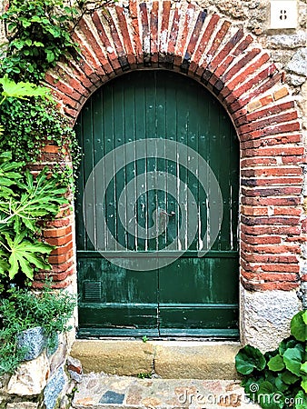 Artistic, enchanting green door, vegetation and fascination in Spain Stock Photo