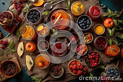 artistic flat lay of fruit preserves and ingredients Stock Photo