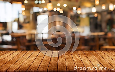 Artistic Fusion: Wooden Board Empty Table with Blurred Café Background Stock Photo