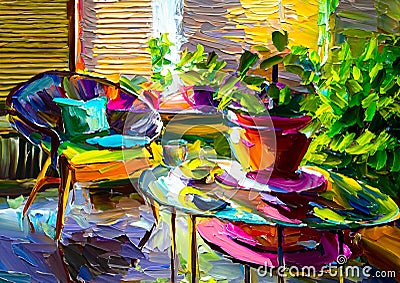 An artistic generated image of a garden room with chairs and plants Stock Photo