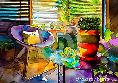 An artistic generated image of a garden room with chairs and plants Stock Photo