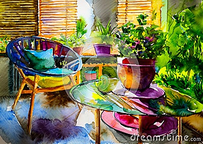 An artistic generated image of a garden room with chairs and plants Stock Photo