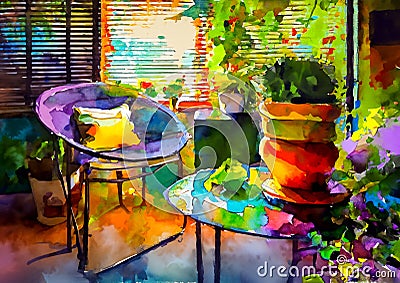 An artistic generated image of a garden room with chairs and plants Stock Photo