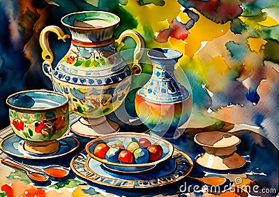 An artistic generated image of a tabletop set with colourful ceramics Stock Photo
