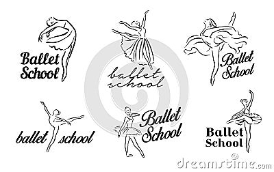 Artistic hand drawn pictures set of theatre theme. Ballerinas dancing. Ballerina dancer with tutu, pose woman in ballet Vector Illustration