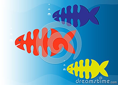 Artistic happy skeleton fishes in clean water Vector Illustration