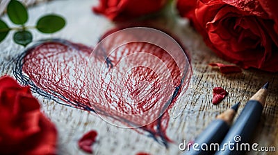 Artistic Heart Drawing with Roses. Created with Generative AI Stock Photo