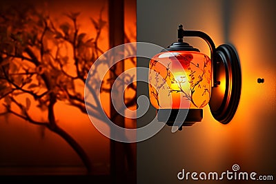 Artistic illumination wallmounted lamp casts a warm yelloworange glow Stock Photo