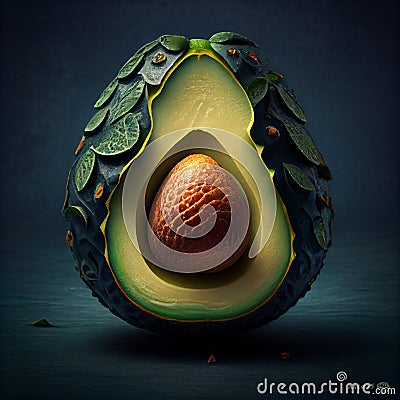 Artistic Illustration AI avocado cut half with exotic pul with mesoamerican ornaments Stock Photo