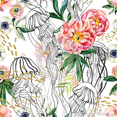 Artistic illustration with jellyfishes, a school of fish, peony flowers and leaves Cartoon Illustration