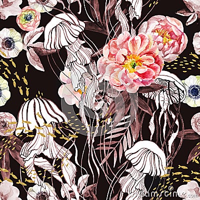 Artistic illustration with jellyfishes, a school of fish, peony flowers and leaves Cartoon Illustration