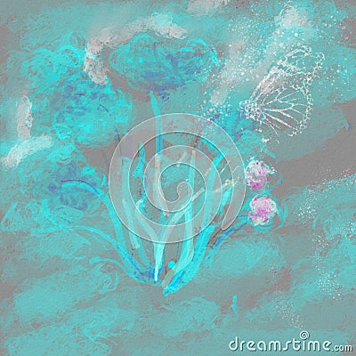 Artistic illustration of shiny sparkling butterflie and flowers . Abstract Spring landscape. Cartoon Illustration