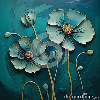 Artistic Illustration Of Three Poppies On Blue Background Cartoon Illustration